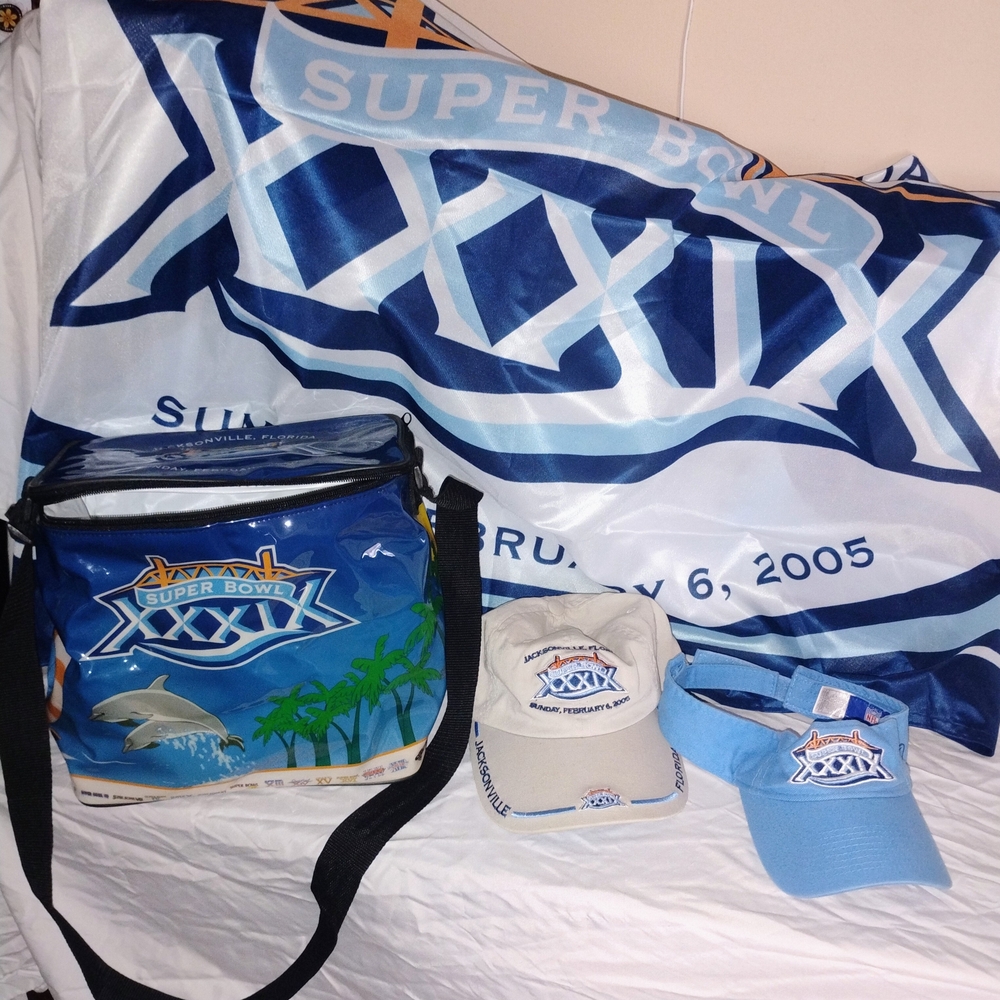 Vintage Super Bowl XXXIX Collection flag, cooler bag, cap, and visor
